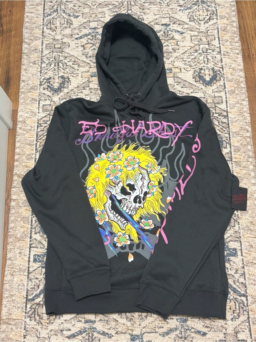 Ed Hardy Black Hoodie with Yellow Floral Skull Graphic
